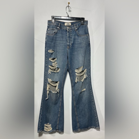 We The Free Denim - We The Free Button Fly Ripped Blue Flare High Rise Jeans Size 26 Inseam 31”